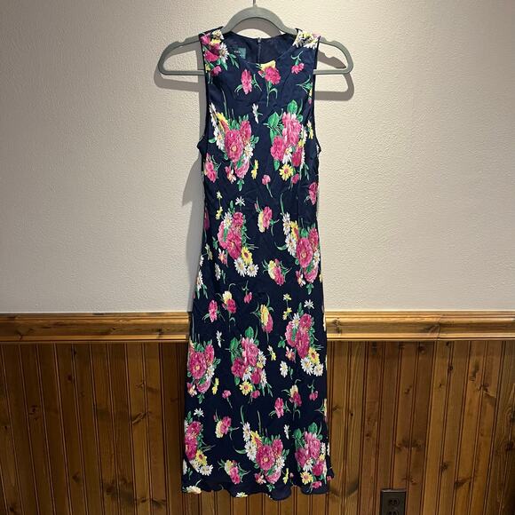 Lauren Ralph Lauren 100% Silk Dress Sz 8 Navy Blue Floral Casual - Picture 1 of 3